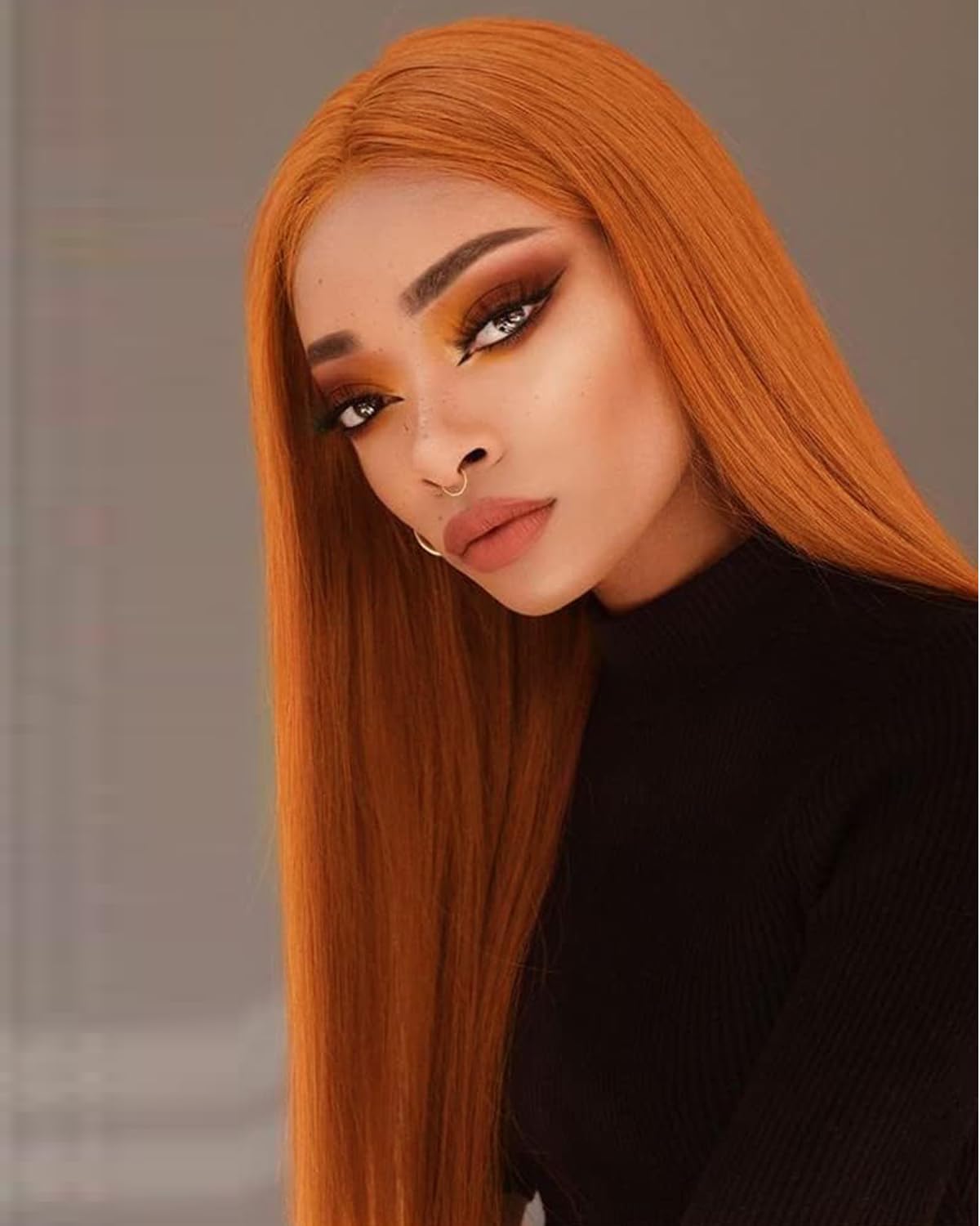 Ginger Orange Wig Long Straight Burnt Orange Synthetic Lace Front Wigs Pre Plucked Natural Hairline Glueless Ginger Hair Auburn Synthetic Wigs for Women Cosplay Party Daily Wear 24Inch