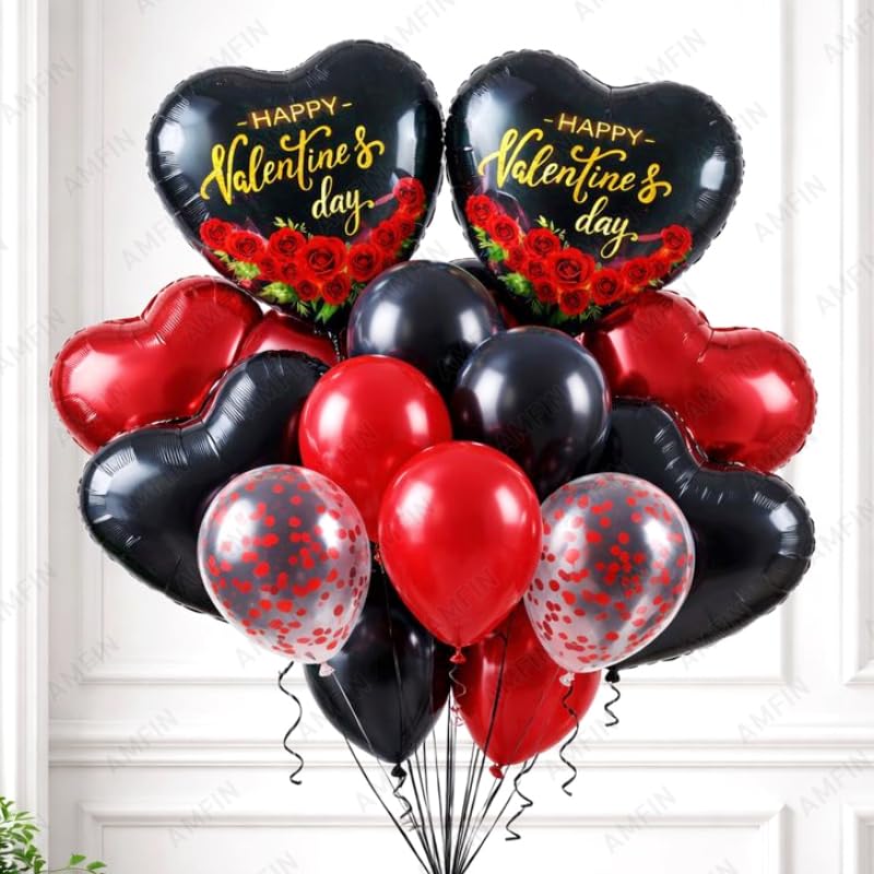Image of AMFIN (Pack of 14) Happy Valentine's Day Balloon Decoration Set | Romantic Heart Foil Bouquet Metallic Helium Bunch Proposal Anniversary Celebration Party Decor - Red Black