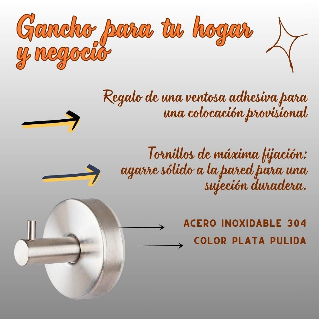 Gancho Pared Baño | Colgadores Toalla Acero Inoxidable 304 | Colgador Albornoz | Taladro Pared Cocina | Tornillos Incluido | Regalo 1 Ventosa | 2 Piezas. (2, PLATA)
