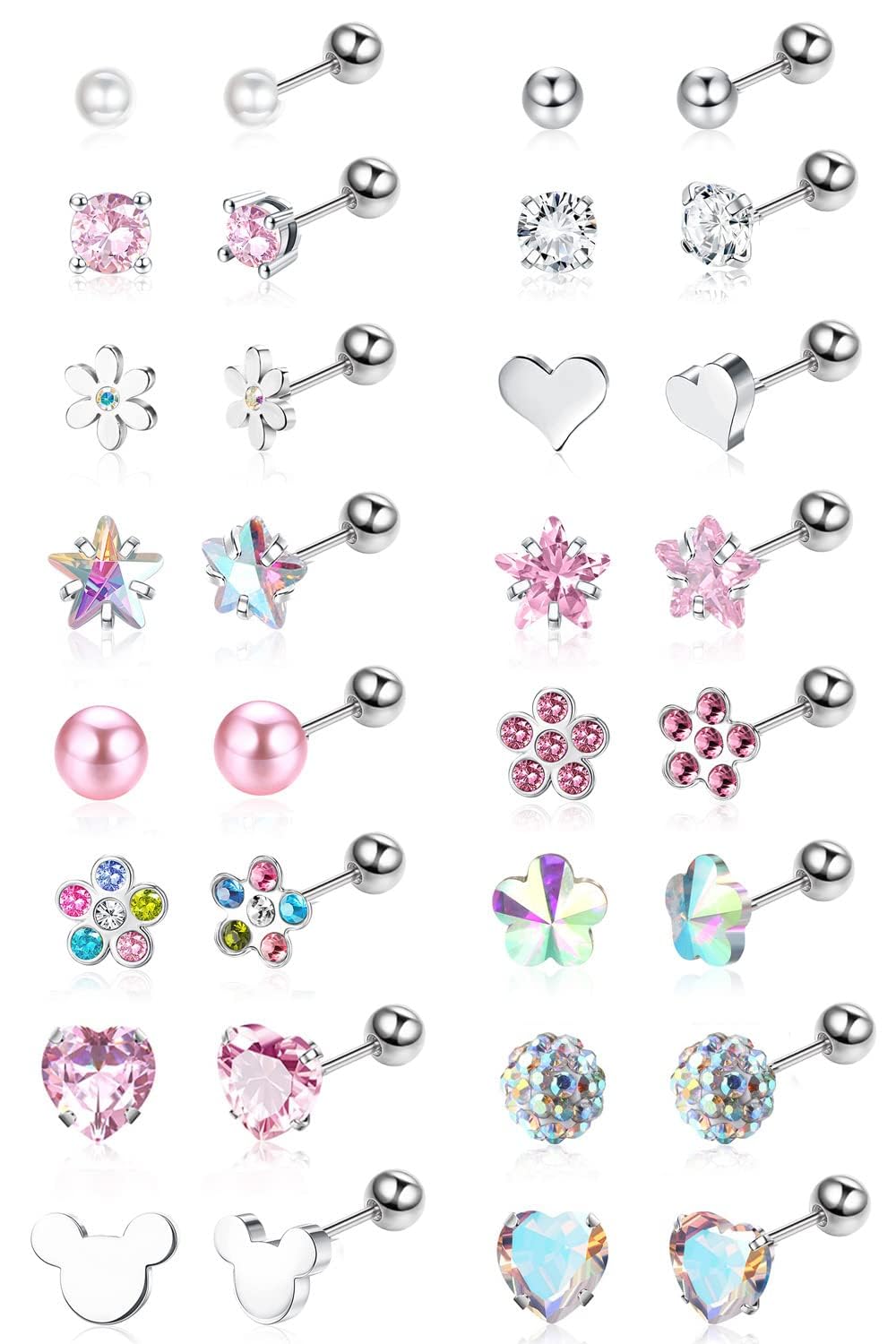 Diamday16 Pares Pequenos Pendientes para Mujeres Niñas Acero quirúrgico 20G Pendientes Pequeño Cartílago CZ Corazón Flor Estrella Multicolor Bola Screwback Flat Back Stud Pendientes Set