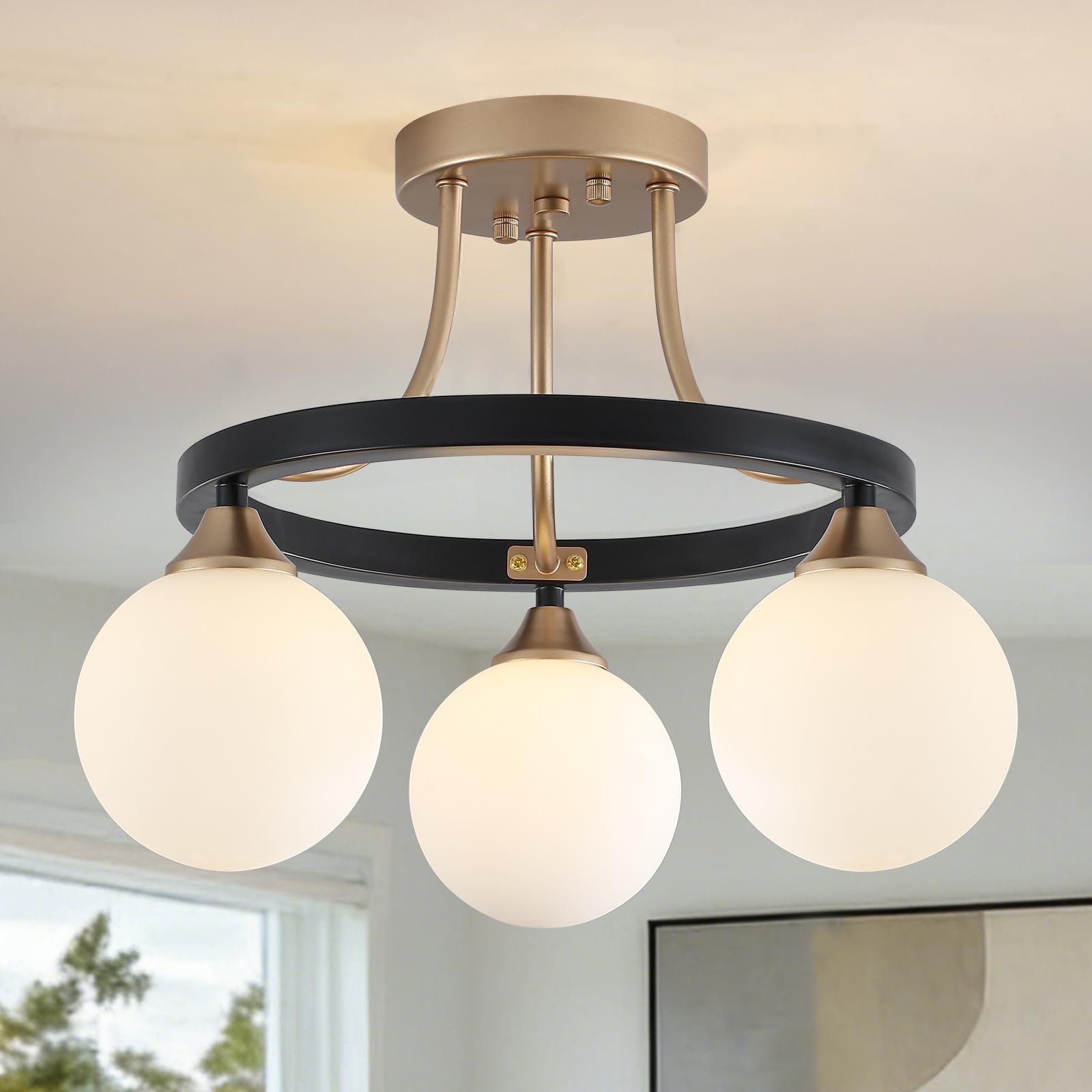 Photo 1 of AYCIOLK Black Gold Semi Flush Mount Ceiling Light Fixture, 3-Light Globe Bathroom Ceiling Lights Farmhouse Kitchen Lighting Fixtures Mid Century Modern Light for Entryway Hallway Foyer Bedroom