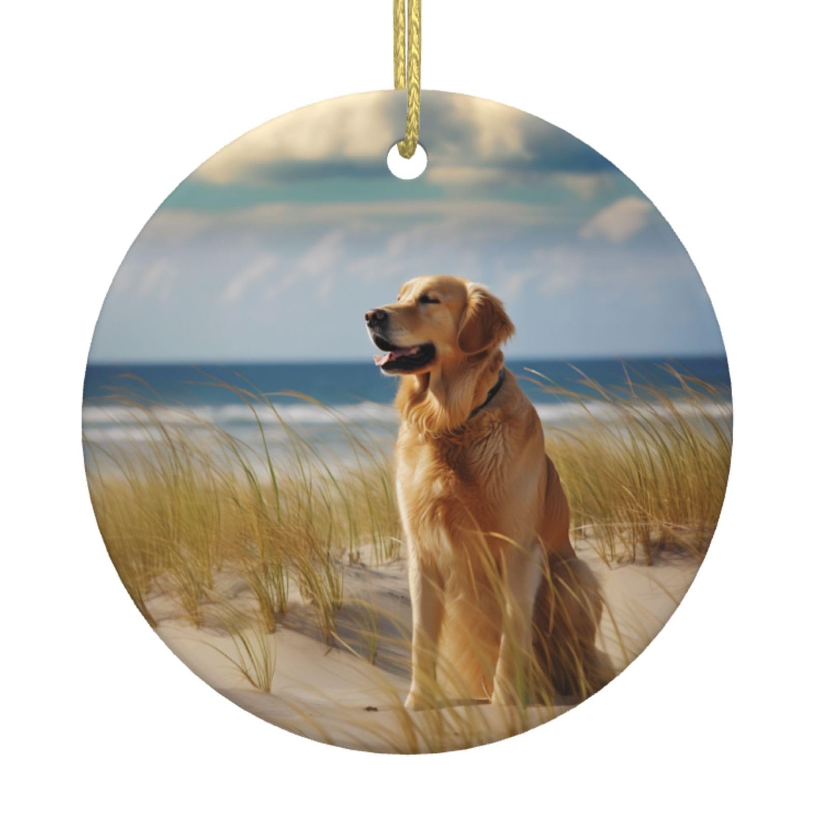 Denmer Golden Retriever Printed Christmas Tree Ceramic Hanging Ornaments With Hanging Strings, Round-Shape Ceramic Wall Hanging Xmas Tree Decorations
