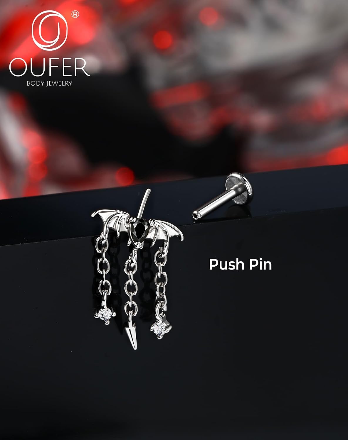 OUFER Halloween Bat Vertical Helix Earring, Black/Red CZ Upper Ear Piercing