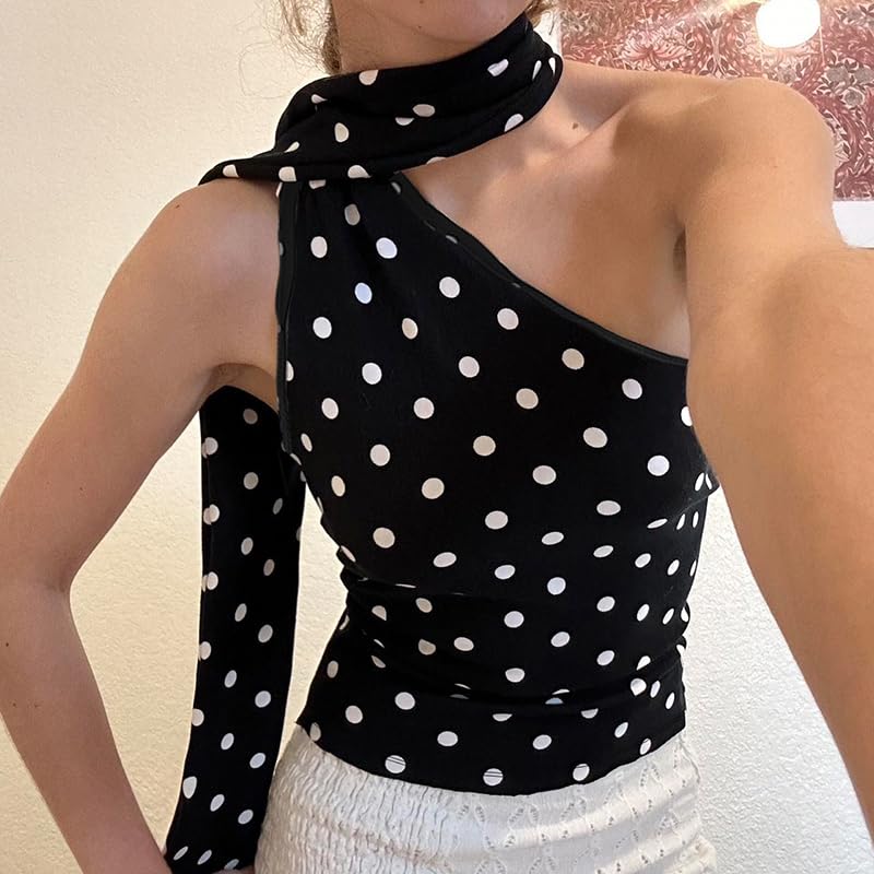 Y2k Polka Dot Tank Top for Women One Shoulder Sleeveless Halter Crop Top Backless Camisole with Scarf3