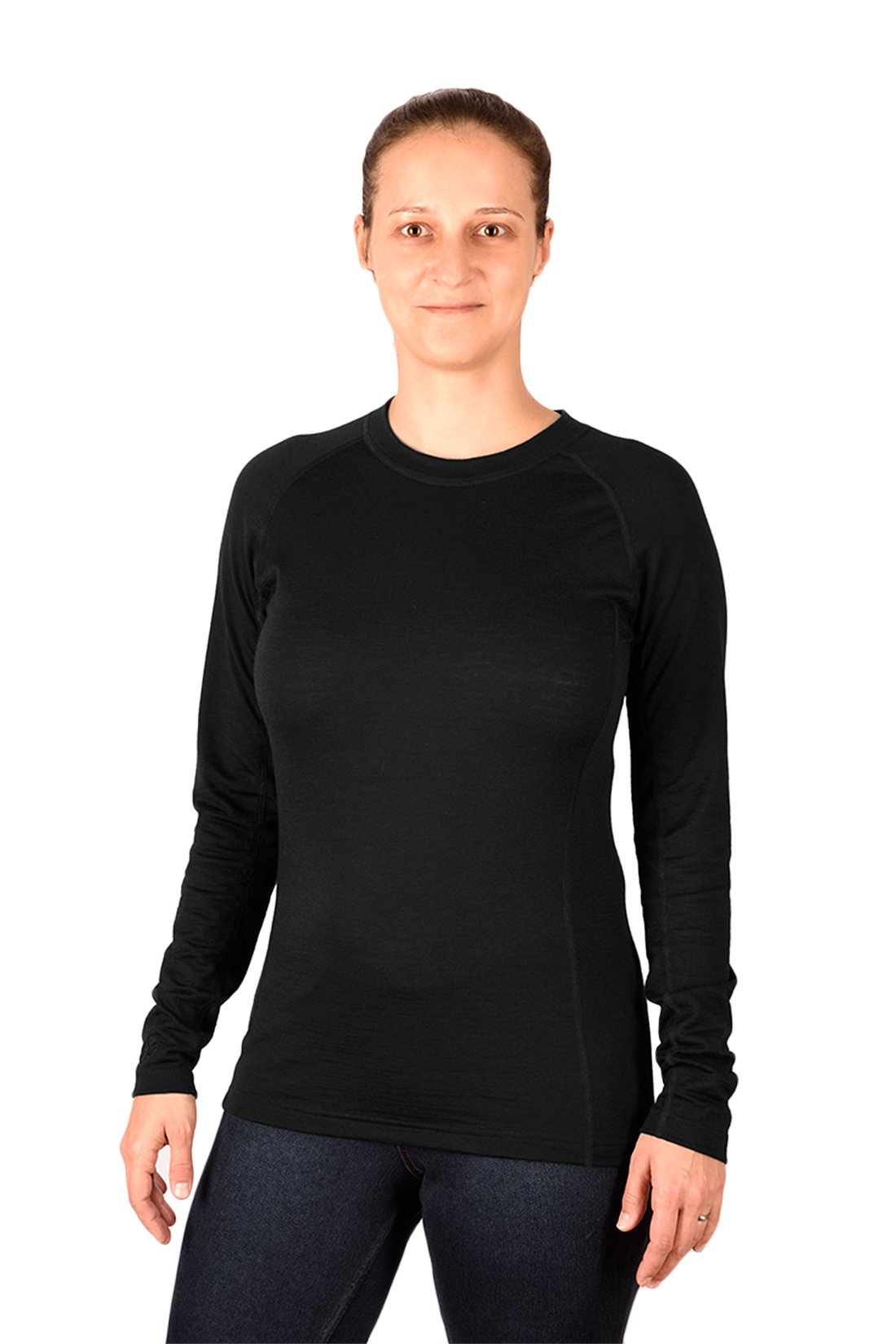 Damen T-Shirt 100% Feine Merino Wolle Langarm Funktionsshirt Skiunterwäsche Rundhals Schwarz