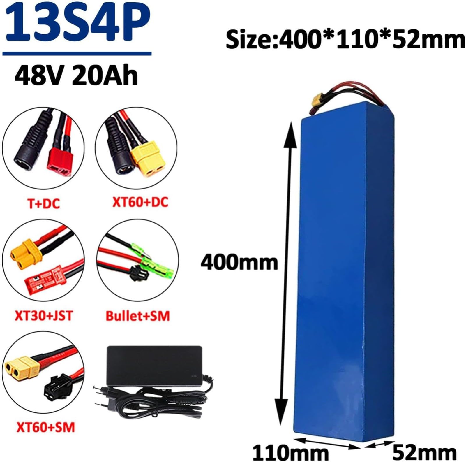 48V 20Ah 13S4P E-Bike-Akku, Lithium-Ionen-Akkupack Für Elektrofahrräder, Mit Ladegerät, Integriertem BMS, Wasserdichtem Lithium-Ionen-E-Bike-Akkupack XT60+DC