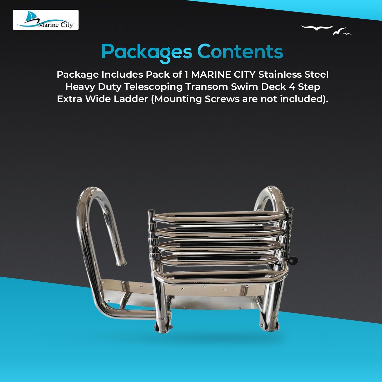 MARINE CITY 4-Step Telescoping Boat Ladder, 304 Grade Stainless Steel, Heavy Duty, Extra Wide Steps, for Transom Swim Decks, Marines, Boats, Ships, Yachts (Pack of 1)