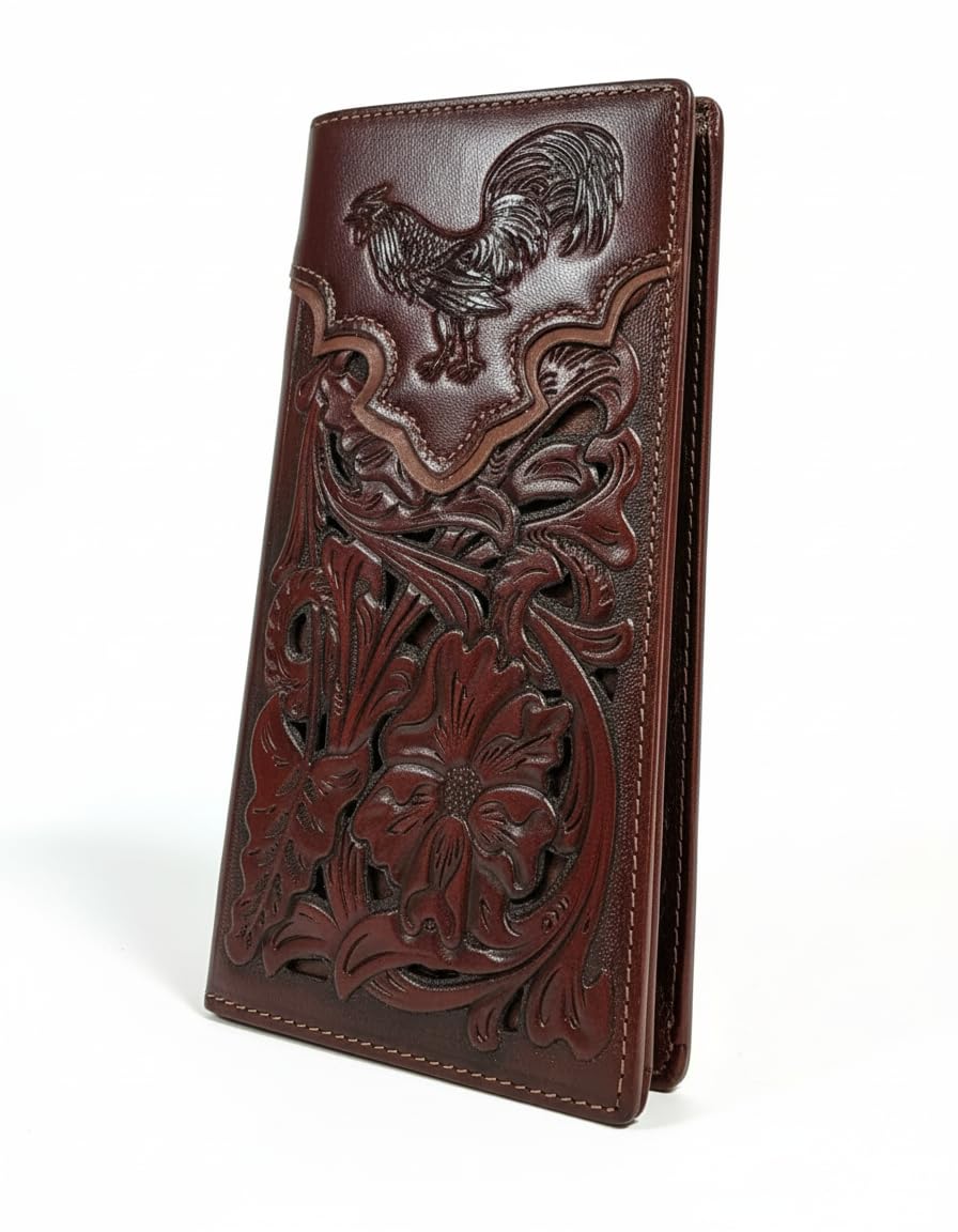 Western Stakes Long Leather Wallet – Embossed Rooster Design – Laser Cut Floral Pattern – Bi-Fold Western Wallet for Men – Ranch Style Rodeo Leather