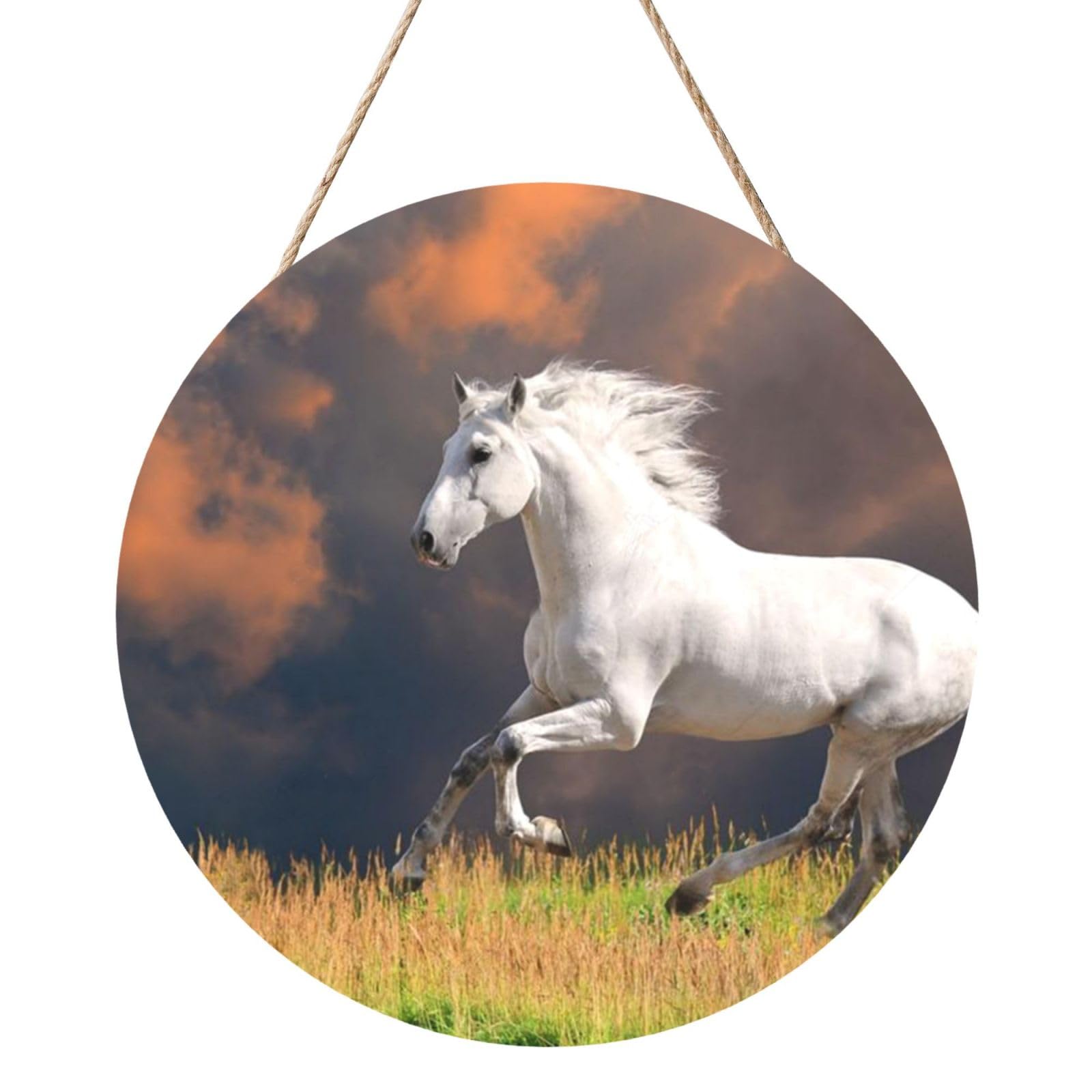 InOmak White Horses Pattern, Round Wood Panel Painting 12 in, Wall Hanging Painting For Home