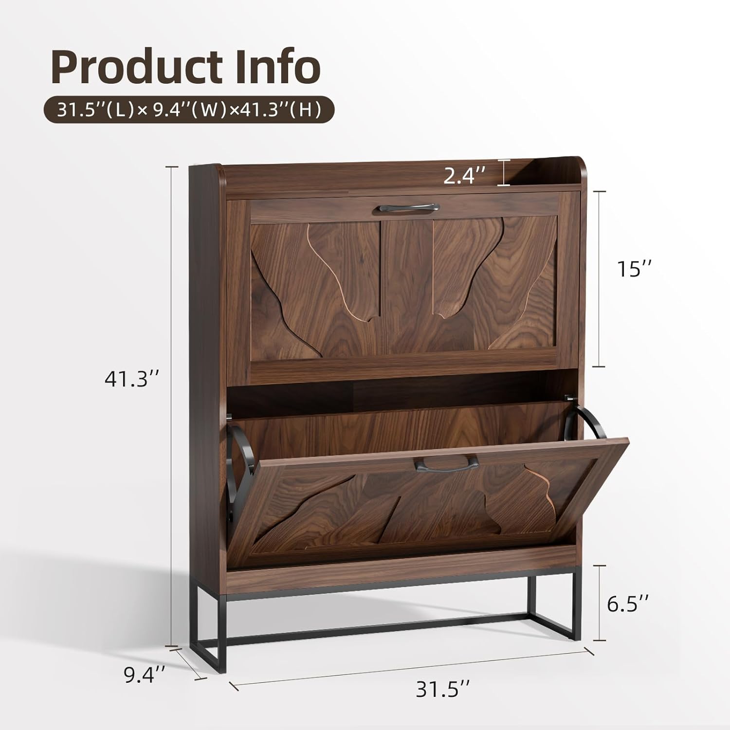 Shoe Cabinet with 2 Flip Drawers, Narrow Shoe Storage Cabinet for Entryway, Freestanding Organizer Shoe Rack Cabinet for Front Door Entrance Hallway Foyer Living Room, Walnut