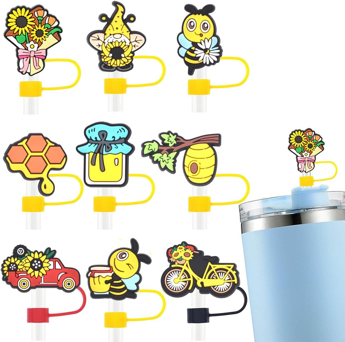Straw Cover Cap for Stanley Cup,Reusable Silicone Straw Topper Compatible with Stanley 30&40 Oz Tumbler with Handle Dust-Proof Drinking Straw Tips Lids Protectors (9pcs Bee)