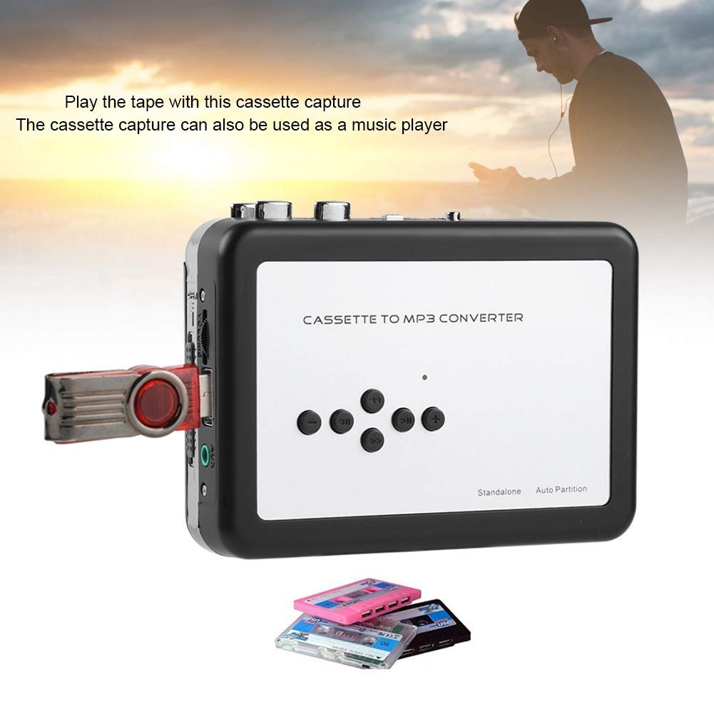Goshyda Convertidor de Cassette a MP3, convertidor de Cinta de Cassette a MP3 portátil Unidad Flash USB Capture el Reproductor de música de Audio con Auriculares, Plug and Play