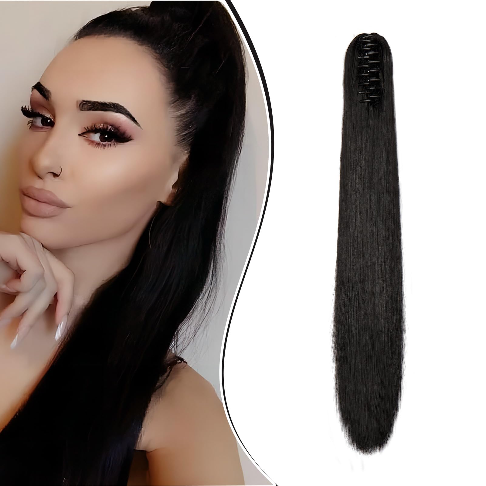 Dcbaboo 22inch Claw Clip in Ponytail Hair Extensions Long Straight Ponytail Extension Synthetic Pony tails Natural Wave One Piece Hairpiece Fake Ponytail for Women Natural Black