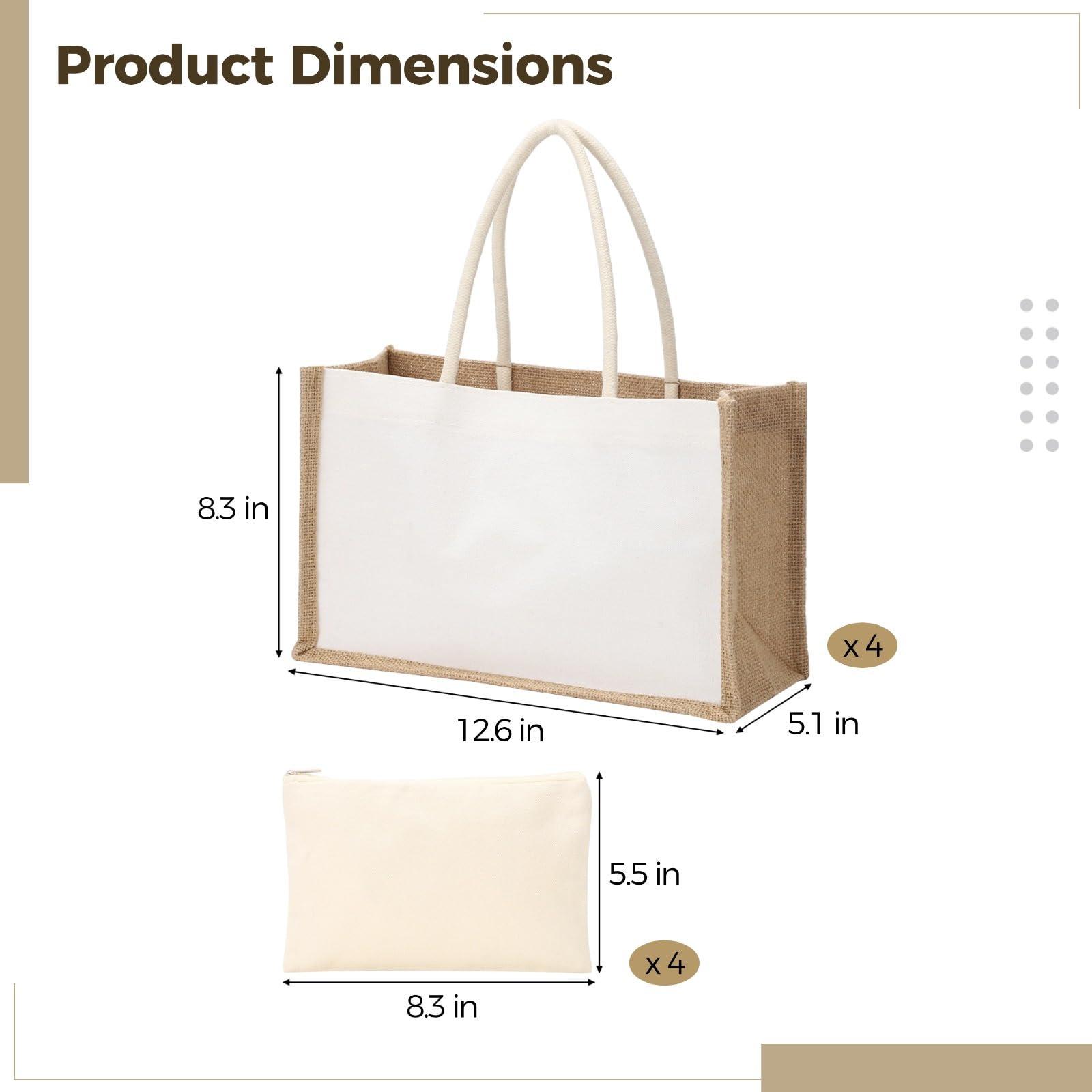4 zestawy DIY Craft puste torby na ramię, jutowe jutowe 30 x 20 x 12 cm z płóciennymi woreczkami do makijażu, torby wielokrotnego użytku