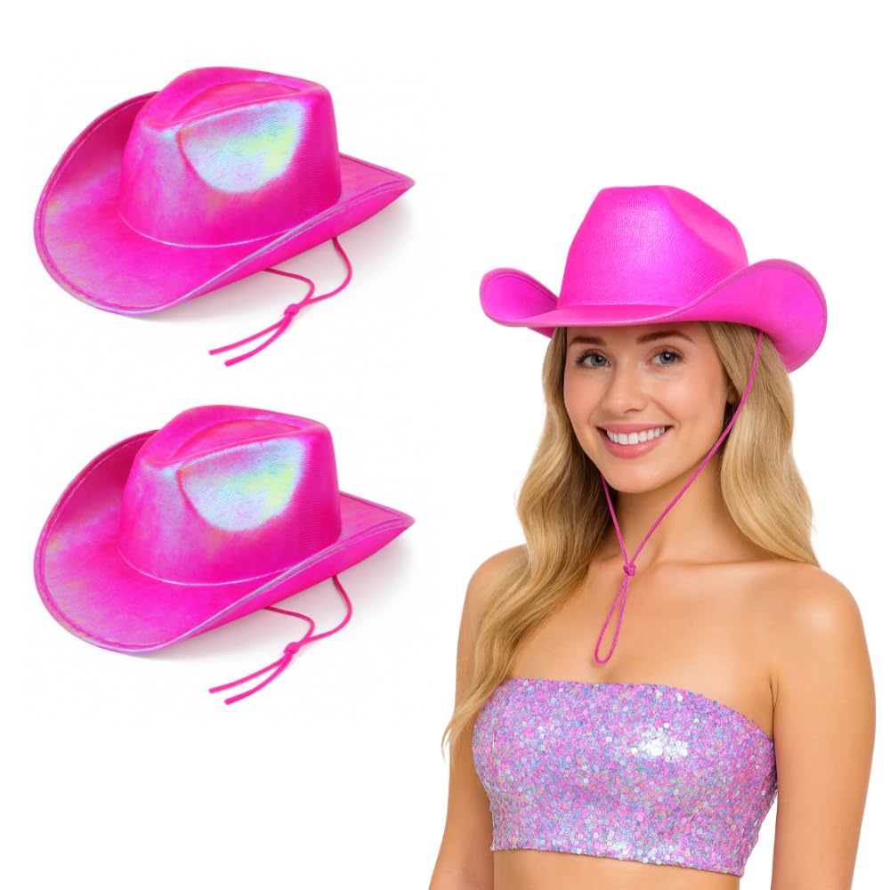 Lizzy 2 x Shiny Pink Cowboy Hat with Chin Cord | Eye-Catching Adult Fancy Dress Hat for Hen Nights, Parties & Festivals | Lightweight Costume Accessory – One Size Fits Most