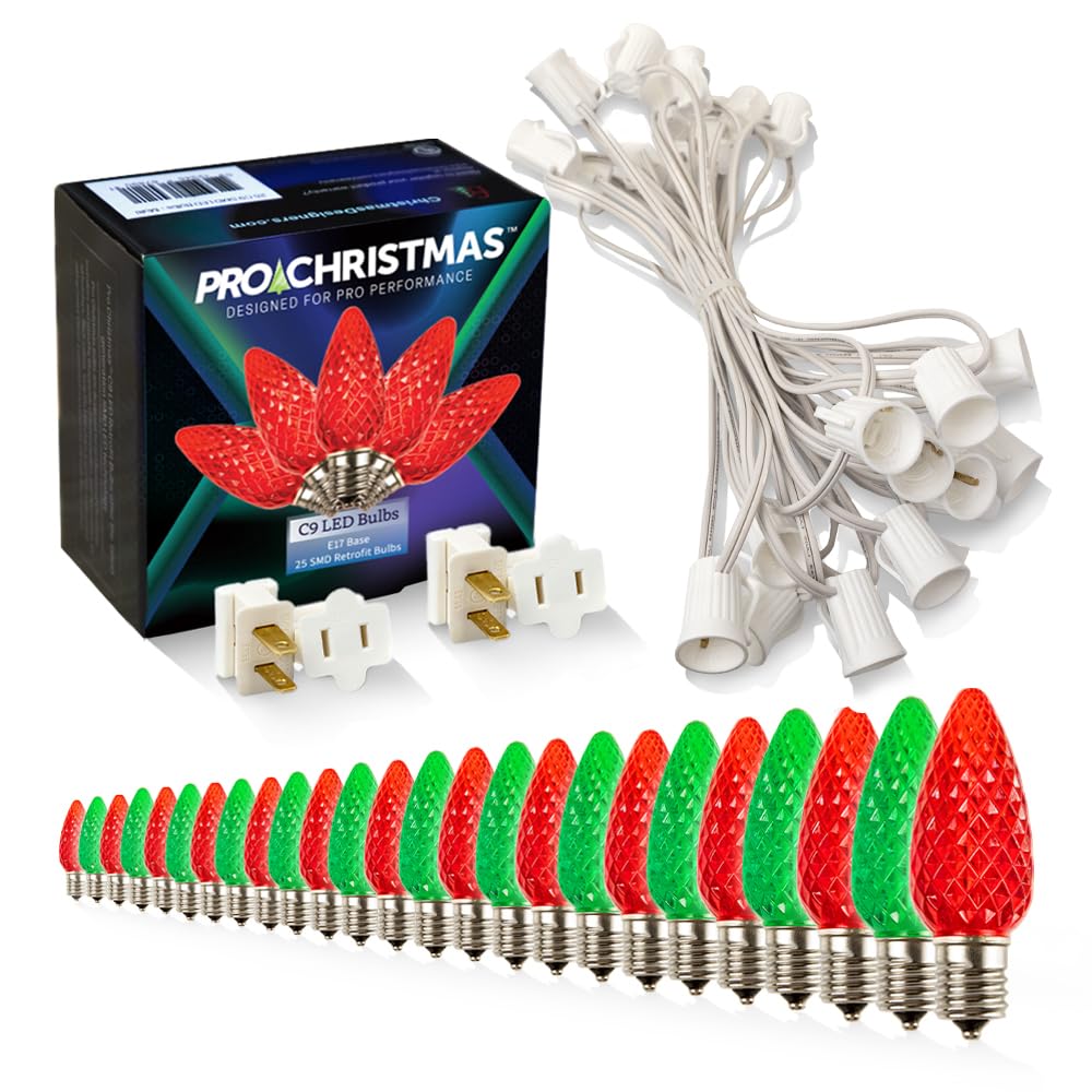 Pro Christmas C9 LED Christmas Light Kit for Rooflines & Pathways – DIY Cut to Length, Outdoor Commercial Grade (White Wire w/Vampire Plugs, 25 Bulbs,
