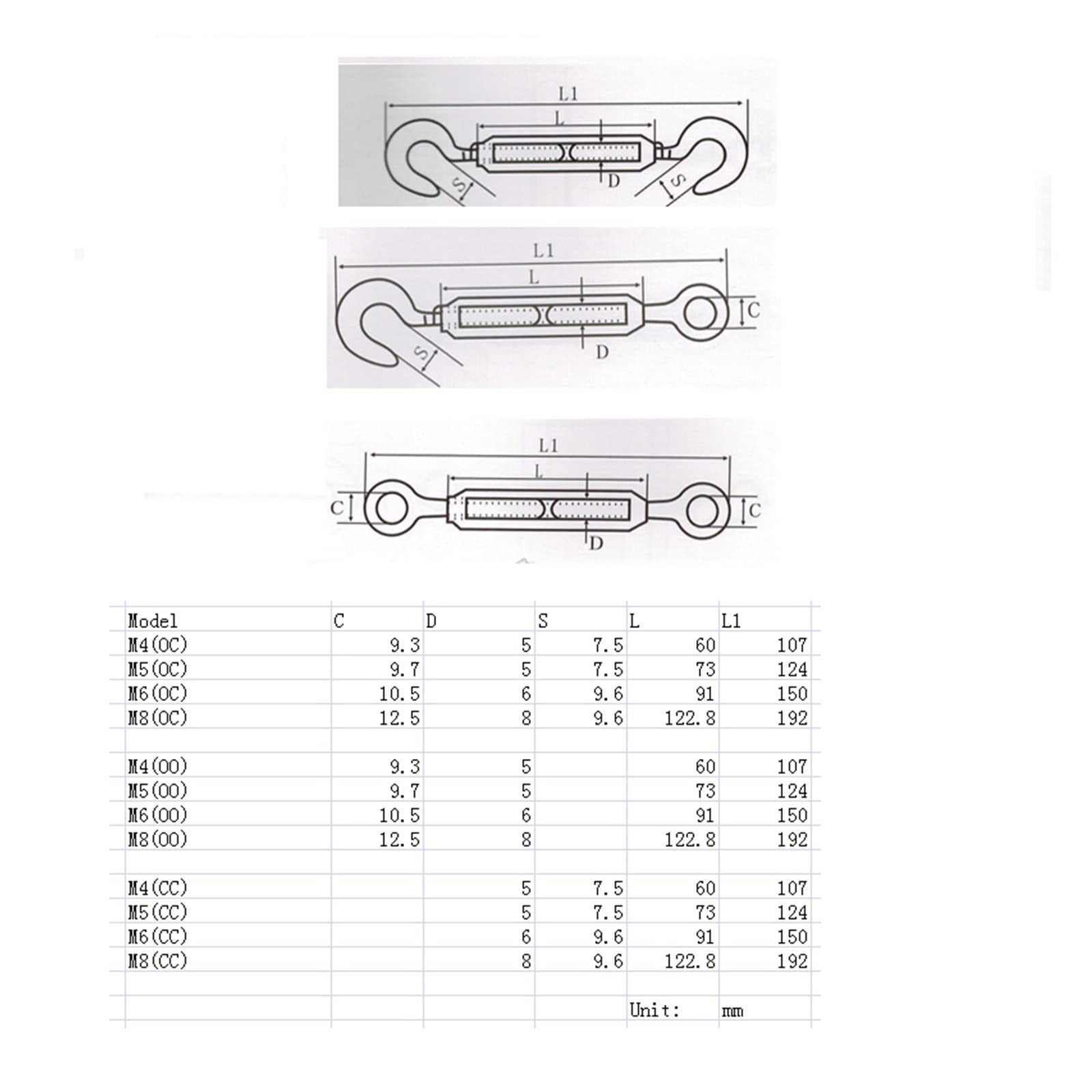 Tensor de Cable con Tensor, 1 Pieza M4/M5/M6/M8 304SS Tensor Perno Gancho Aparejo Tornillo de Ojo Cable Tensor Tensor Conector Apretado,(O to C,M8)