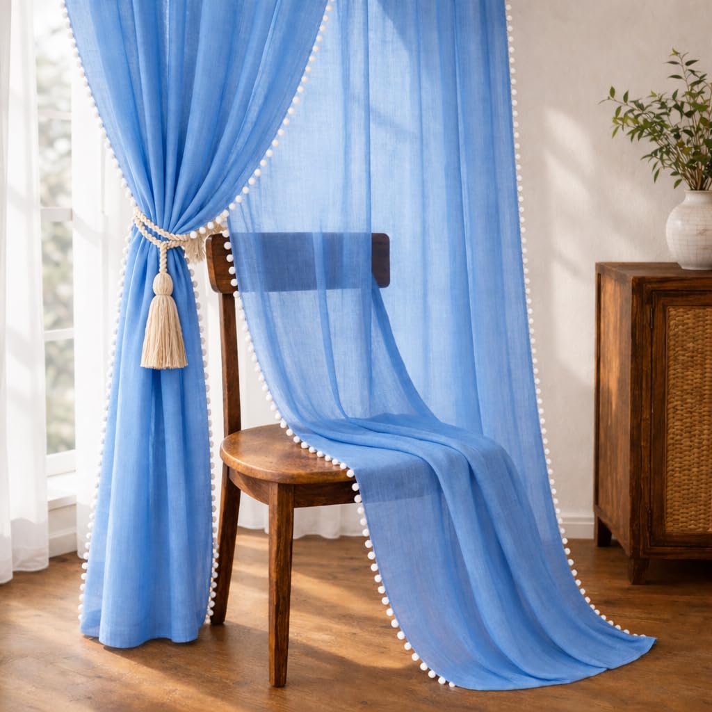 THE LINEN COMPANY Sheer Cotton Curtains Window Curtains with Pom Pom Lace Rod Pocket Transparent Net Curtains for Window Curtains Door Curtains Carolina Blue 9 Ft Pack of 2