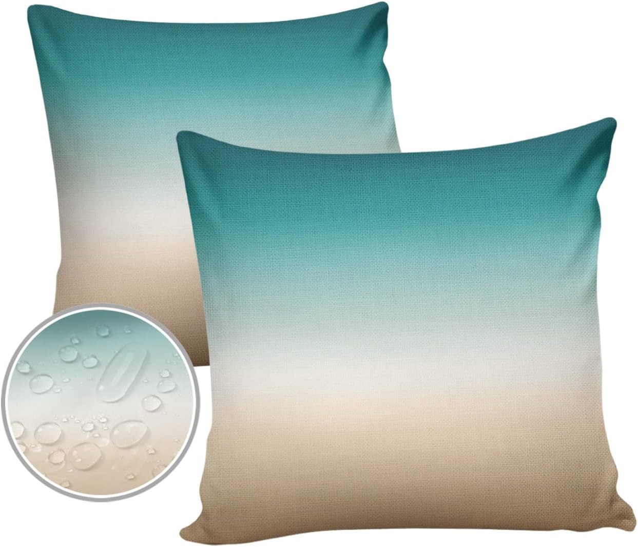 Outdoor Pillow Covers Waterproof Teal Beige Ombre Cream All Weather Cushion Case Set of 2, Modern Turquoise Abstract Art Aesthetics Decorative Pillowcases for Sofa Couch Bed Decor Patio 24"x24"