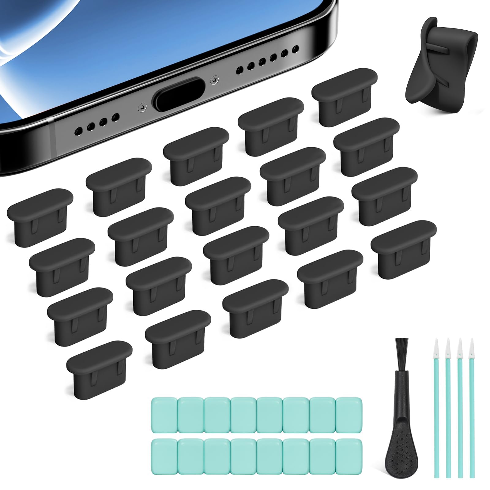 20 szt. USB-C ochrona przed kurzem silikonowa, z osłonką Type C i glina czyszcząca, kompatybilne z iPhone 17/16/15/Serii Air i akcesoria ochronne gniazda ładowania laptopa - Klasyczna Czerń