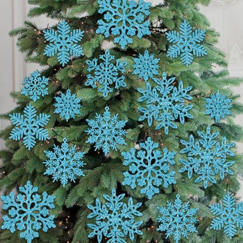 Image of 49Pcs Christmas Ornaments Snowflake Decorations Clearance - Blue Glitter Christmas Ornaments Hanging Snowflakes for Winter Christmas Tree Wall Ceiling Window Ornaments