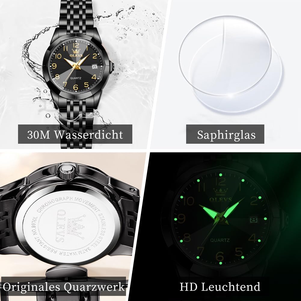 OLEVS Damenuhr Diamant Analog Quarz Uhren Damen Edelstahl Wasserdicht Leuchtend Modisch Elegantes Kleid Armbanduhr Armreif Geschenk Set