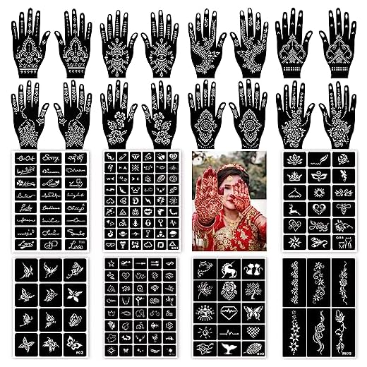 Kit de plantilla de tatuaje henna 23 hojas plantillas de reutilizables plantillas de tatuaje temporales para mujeres niñas adolescentes cara pintura corporal tipo brillo