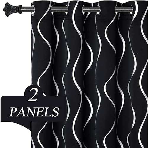 Estelar Textiler Black Curtains 72 Inch Length Wave Line Stripe Foil Print Blackout Grommet Curtain Panels for Bedroom 52 x 72 Inch Black 2 Panels