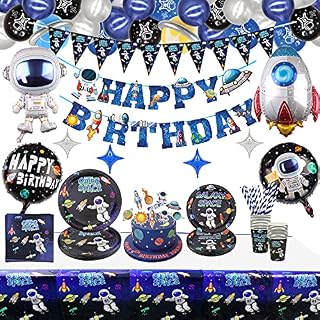 160 PCS Outer Space Party Supplies - Solar System Party Supplies Balloon, Astronaut Happy Birthday Banner, Cake Topper, Plates, Napkins, Cup, Tablecloth for Boy Kid Party Decorations, Serves 20 Guest