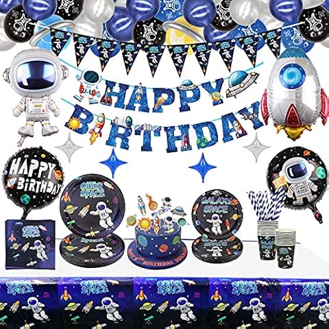 160 PCS Outer Space Party Supplies - Solar System Party Supplies Balloon, Astronaut Happy Birthday Banner, Cake Topper, Plates, Napkins, Cup, Tablecloth for Boy Kid Party Decorations, Serves 20 Guest Cover