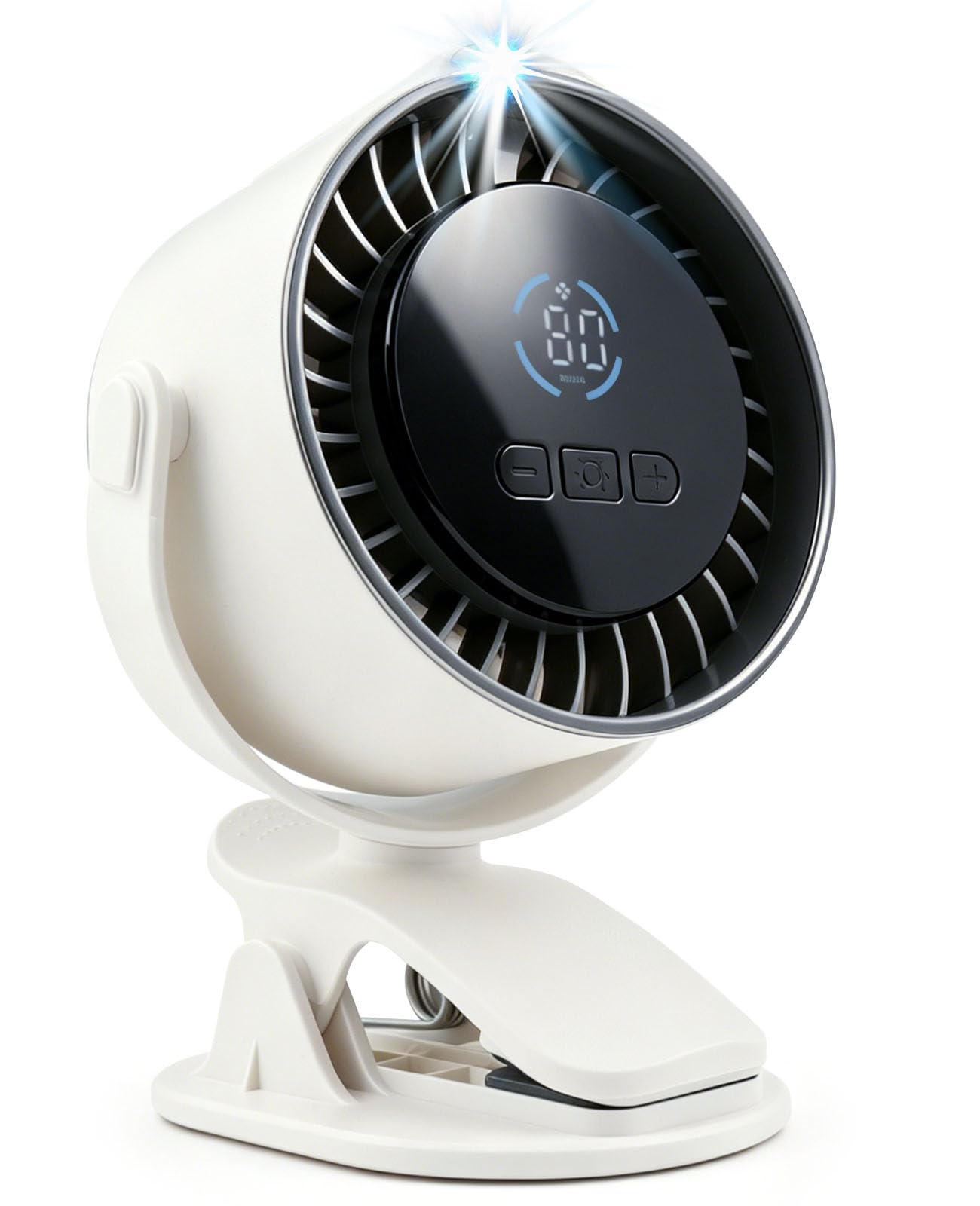 LIHELEI Clip On Stroller Fan with Light, Stepless Speed Rechargeable Desk Fan, LCD Display Portable Hanging Fan, 720° Rotation Cooling Fan for Baby Pram, Home Office Camping-White
