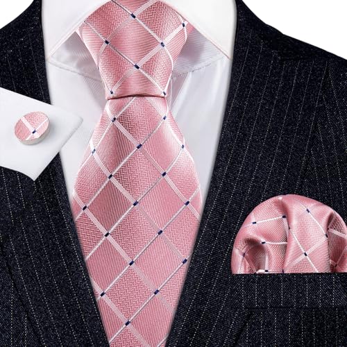 Image of Barry.Wang Mens Tie Set Plaid Check Neckties Formal Business Wedding Luxury Pocket Square Cufflinks