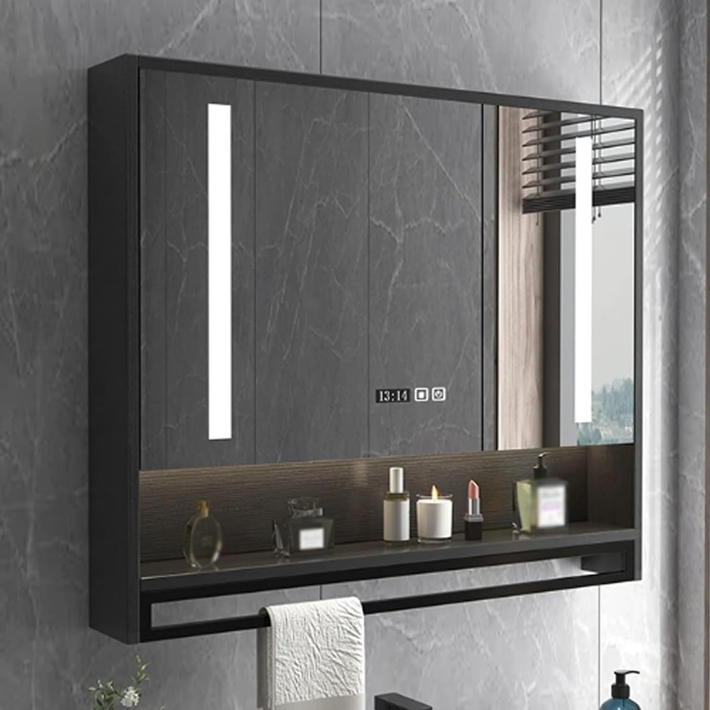 BKSXSOP Medicine cabinet with HD mirror, bathroom mirror anti-fog, modern smart medicine LED light, storage clock and temperature display, towel bar