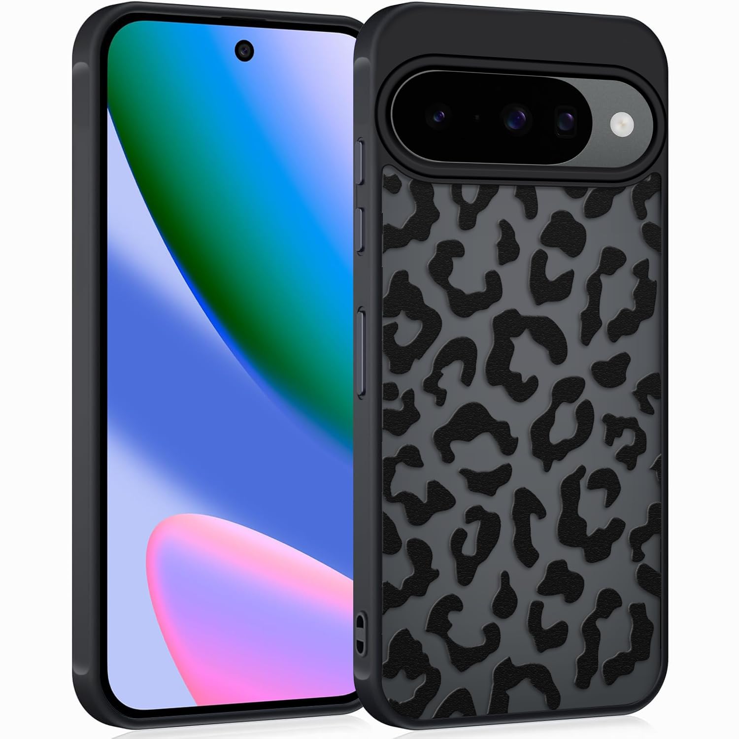 Coqinen Handyhülle für iPhone 15 Pro Hülle, Matt Transluzente Case mit Stilvolle Leopard Muster, Silikon Aesthetic Schutzhülle mit Kratzfeste PC Rückseite + Stoßfest TPU Bumper - Schwarz
