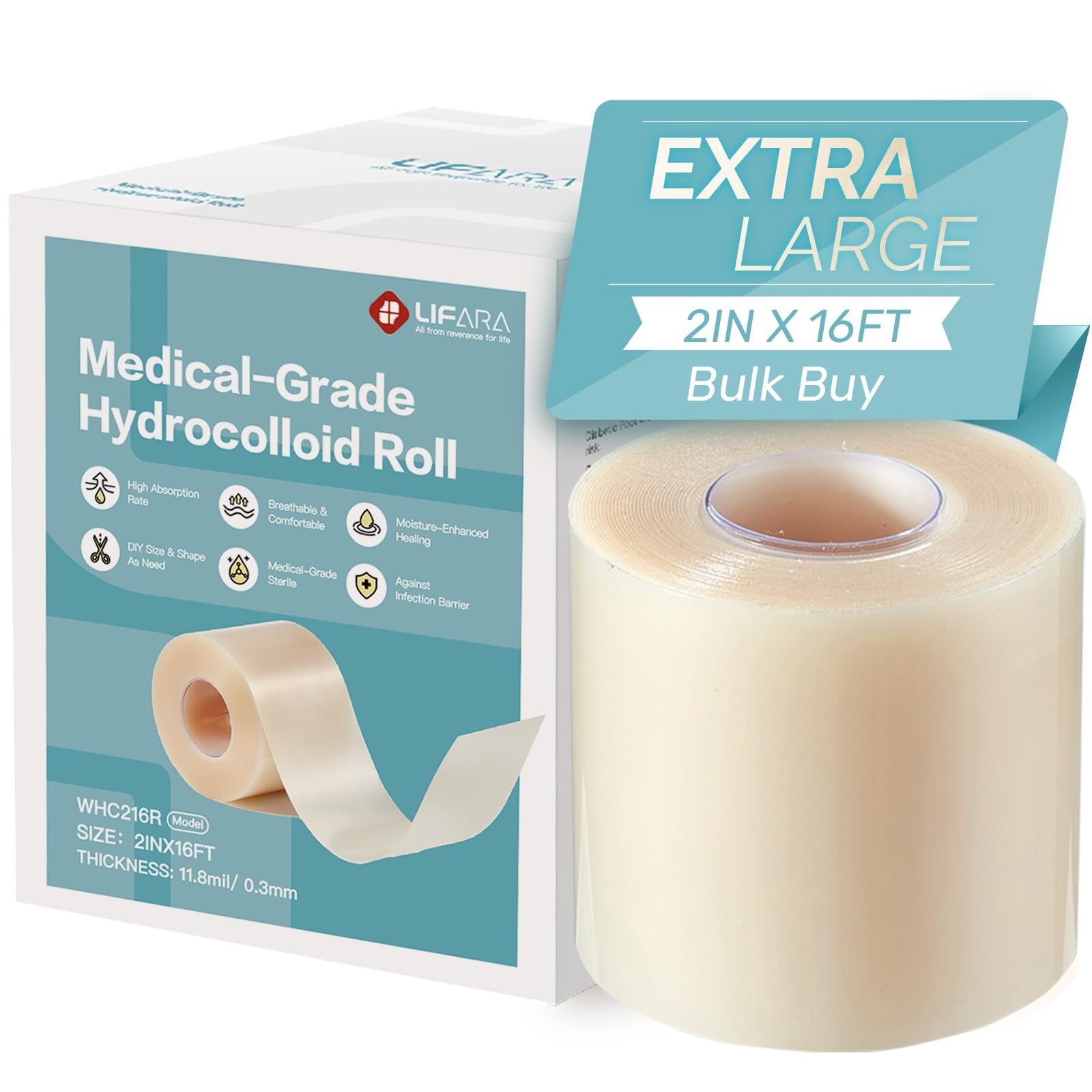 LIFARA Hydrocolloid Roll for Wound Care - Cut-to-Size, Hydrocolloid Patch Bandages with Self-Adhesive, Ultra Absorbent &amp; Waterproof, First Aid Kit Essential (11.8mil/ 0.3mm Thickness, 2in*16ft)
