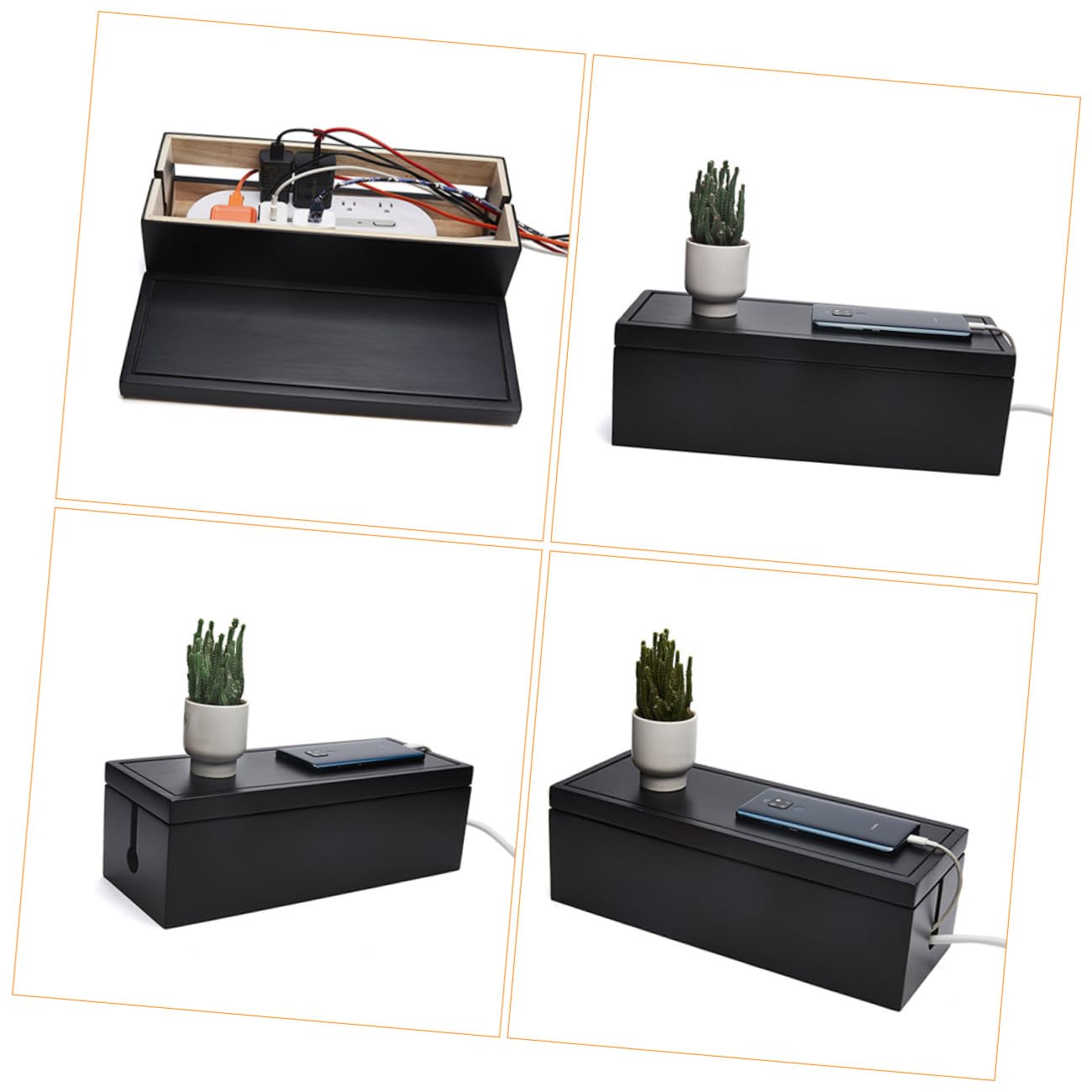 POPETPOP Caja de Gestión de Cables de Madera Negra Tapa Abierta para Almacenamiento Rápido y Organización en Enchufes, Adecuado para Ordena Cables Hogar y Oficina
