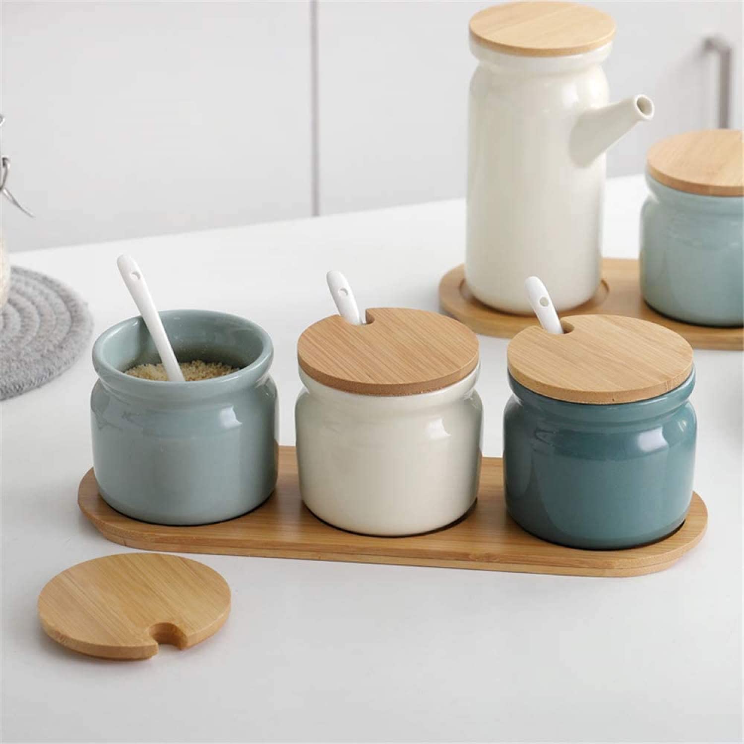 Set di barattoli in ceramica per spezie, zuccheriera, condimento, sale, con coperchio e cucchiaio, per cucina, dispenser per condimenti