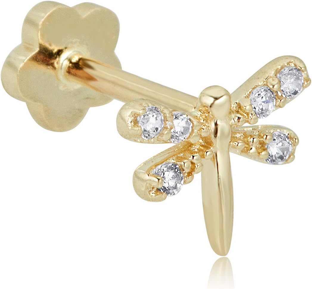 AVORA 14K Gold Simulated Diamond CZ Dragonfly Cartilage Piercing Flat Back Earring Body Jewelry (18 Gauge)