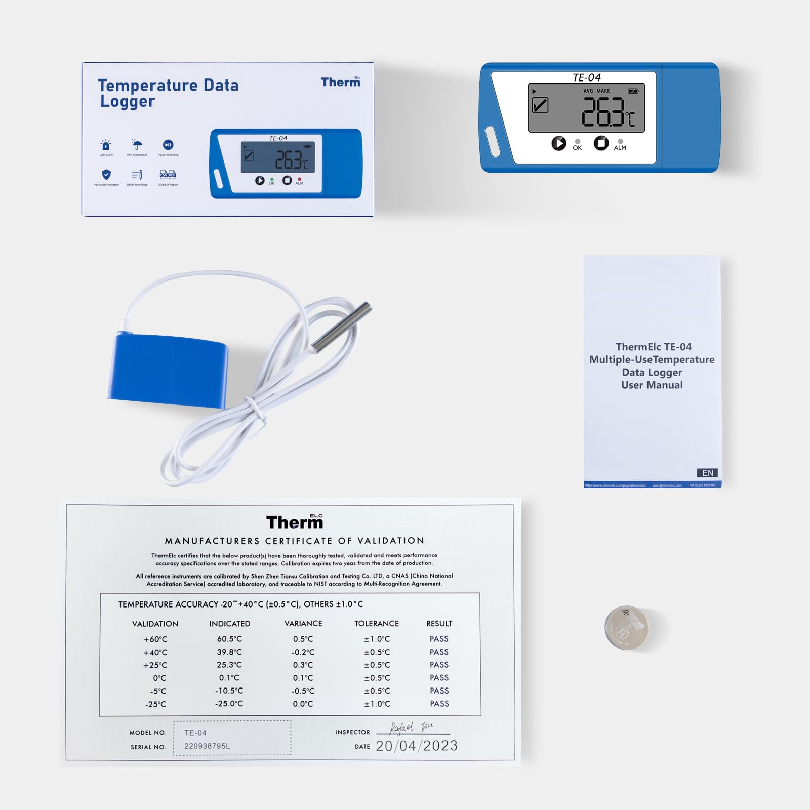 ThermElc TE-04 ET USB Temperatur Datenlogger, Temperaturrekorder mit Externem Sensor, Großem LCD-Bildschirm, Automatischen PDF/CSV-Berichten, 35000 Punkte, Temperaturmonitor für Impfstoffkühlschränke