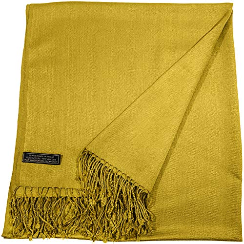 CJ Apparel Yellow Gold Amber Yellow Solid Color Tassels Design Nepalese Shawl Scarf Wrap Stole Throw Head Wrap Pashmina Hand Made in Nepal New3