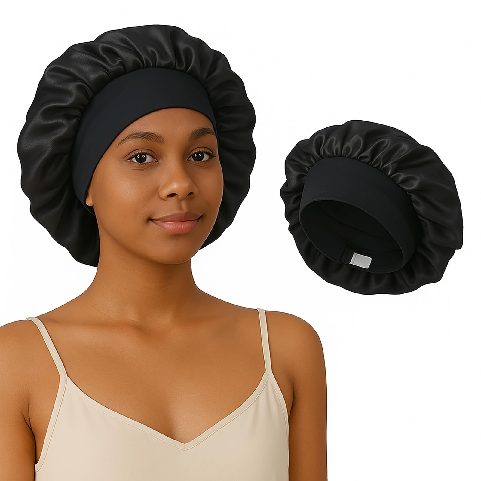 Adjustable Double-Layer Satin Hair Bonnet for Women Men Silk Sleep Cap for Hair Care Shower Cap 1pc Black