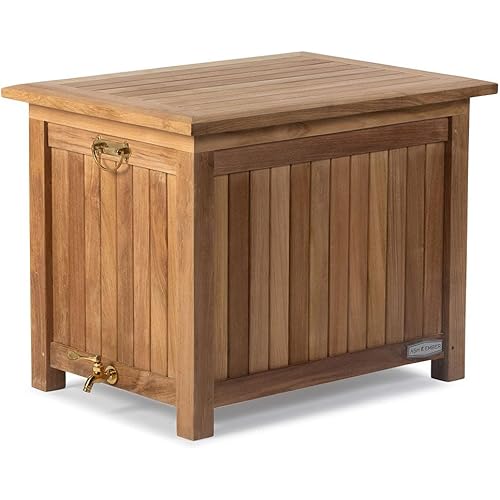 Ash & Ember Grade A Teak Large Ice Chest, 60 Qt Capacity Cooler, Triple-Insulated Interior with Insulated Lid, Brass Handles, Built-in Drainage Spigot, Outdoor Ice Chest for Patio, Pool Accessories