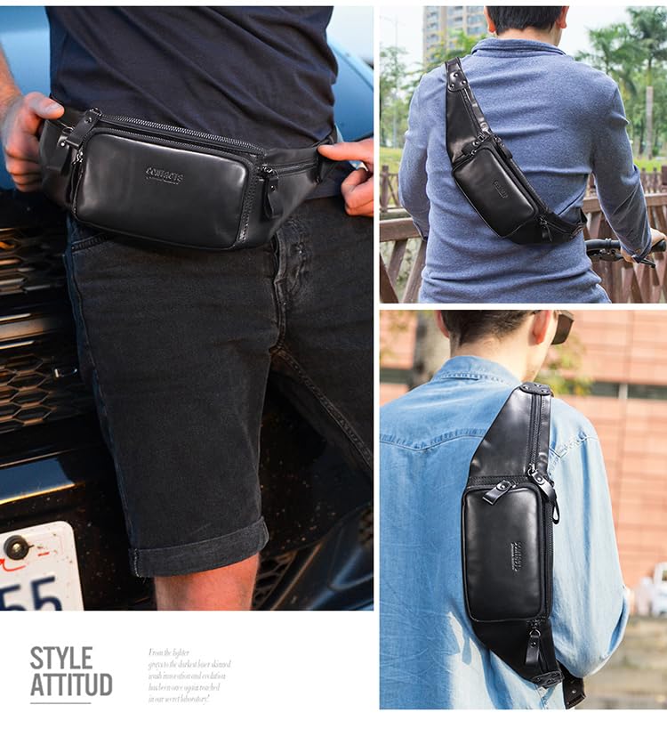 Image of Sam's Design Mens Genuine Leather Chestbag Zipper Small Crossbody Phone Wallet Holder Bag Waist Pouch Pack for Sport,Spring Out,Travel (Black)