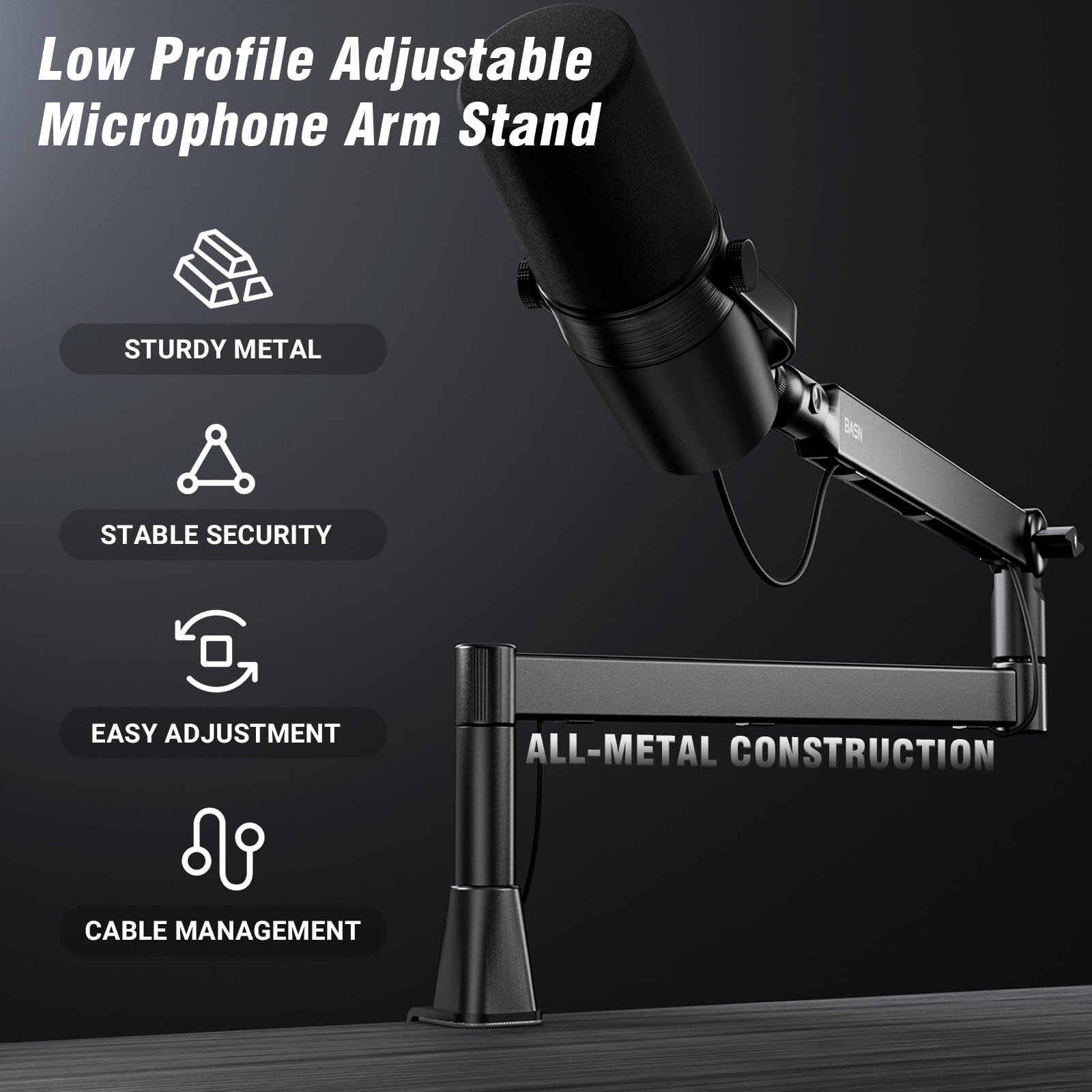 BASN Low Profile Mic Arm, Mikrofon-Galgenarm Ständer mit Tischklemme, drehbares und verstaubares Design, Kabelmanagementk, 3/8 Zoll auf 5/8 Zoll Gewindeadapter für Podcast, Gaming, Streaming