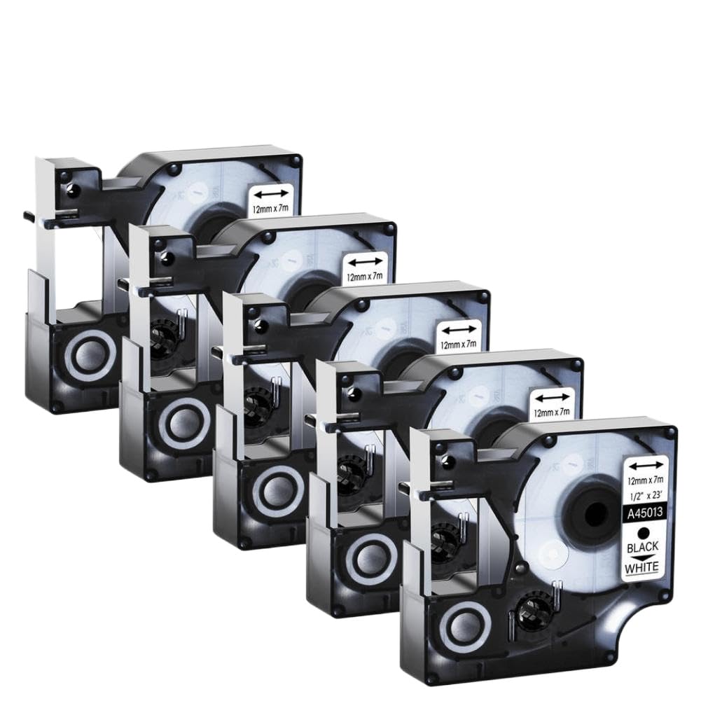 Ruban d'étiquettes laminé noir sur blanc, 5 paquets de 12mm, Compatible avec D1 45013 pour imprimantes LabelManager 100, 120P, 450D