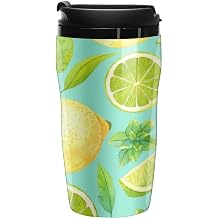 Seamless Pattern with Watercolor Lime, Lemon and Mint on Turquoise Plastic Water Bottle Tumblers, Leak-Proof Hot Cold Insulated Travel Mug, Double Walled Coffee Cup with Lid Funny Gifts 12.3oz