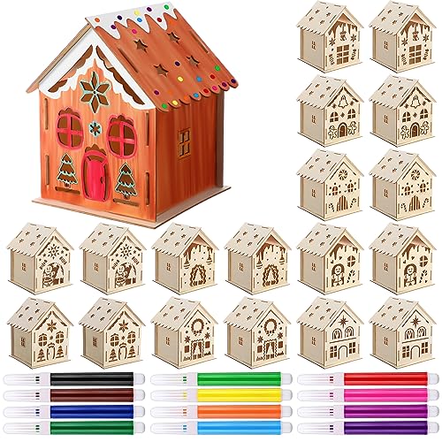 Kathfly 18 Sets Wooden Christmas Gingerbread Houses to Paint Wood Houses Kit to Build with Watercolor Pens Make Your Own Xmas House Kits for Christmas Tree Ornaments DIY Art Project Activity