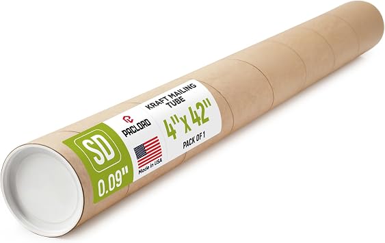 4" x 42" Reinforced Kraft Paper Mailing Tube, Pack of 1 Tube with 2 Caps Secure USPS Approved Cardboard Poster Mailer for Shipping and Storing of Prints, Artwork, Posters, or Documents