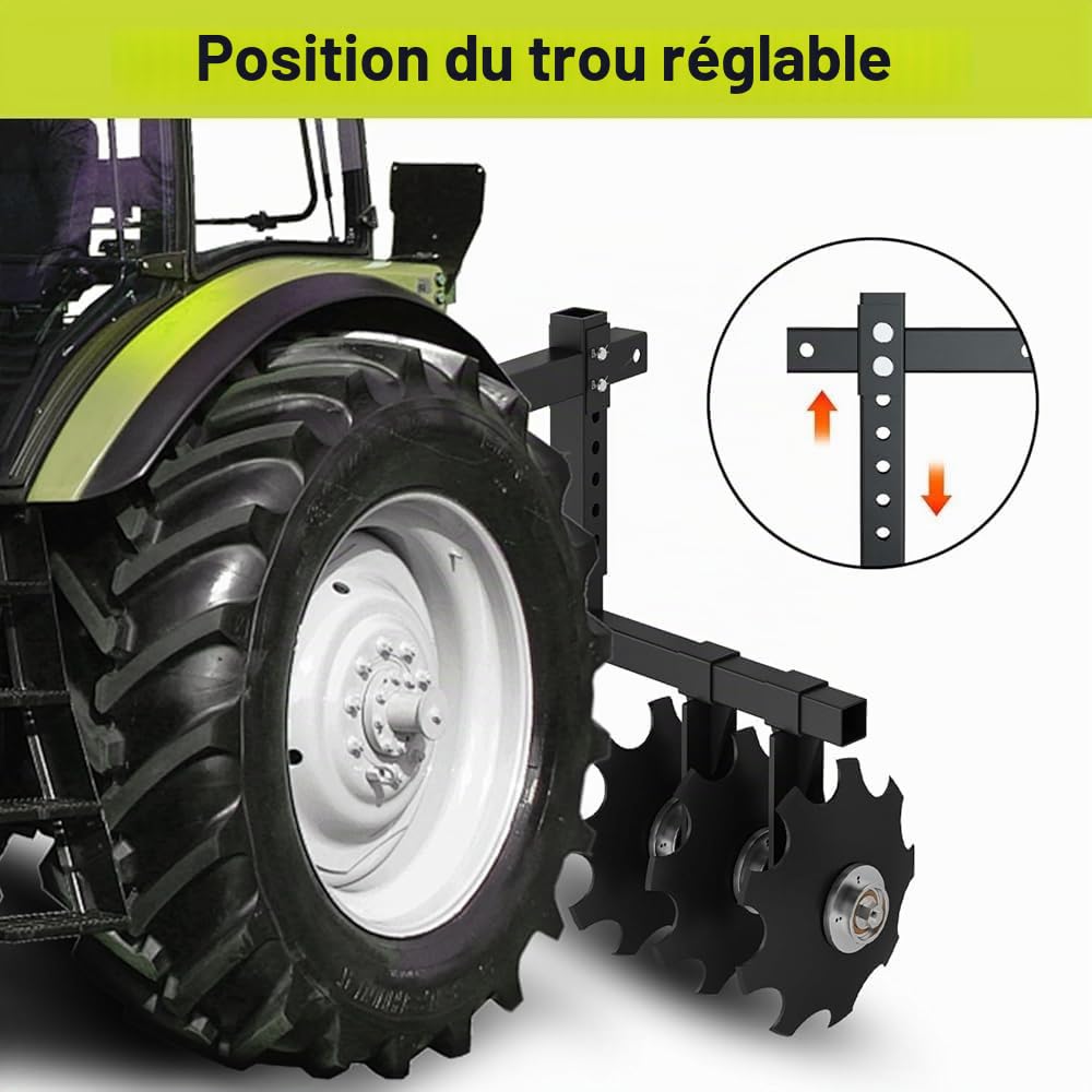 Herse à disque de largeur avec support de récepteur universel, charrue à disque de coupe avec hauteur réglable, tire derrière la motoculteur, herse à charrue pour VTT, UTV, N