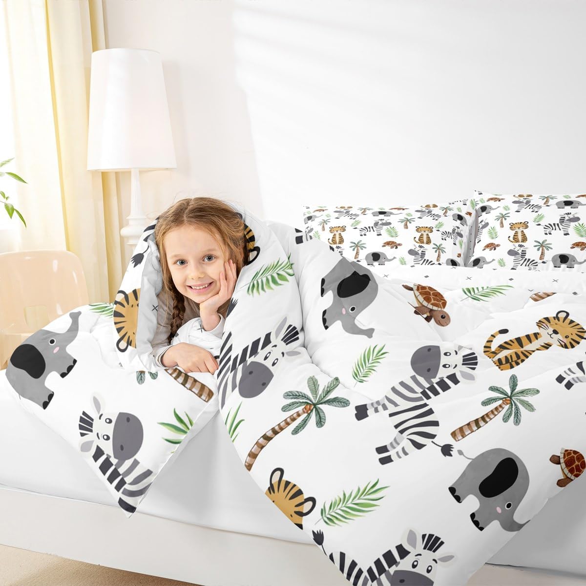 Feelyou Cute Zoo Animals Bedding Set Full Size Cartoon Tiger Elephant Comforter Set for Kids Boys Girls Decor Zebra Turtle Tropical Tree Duvet Quilt Soft Lightweight Microfiber Bedroom Decor 3Pcs